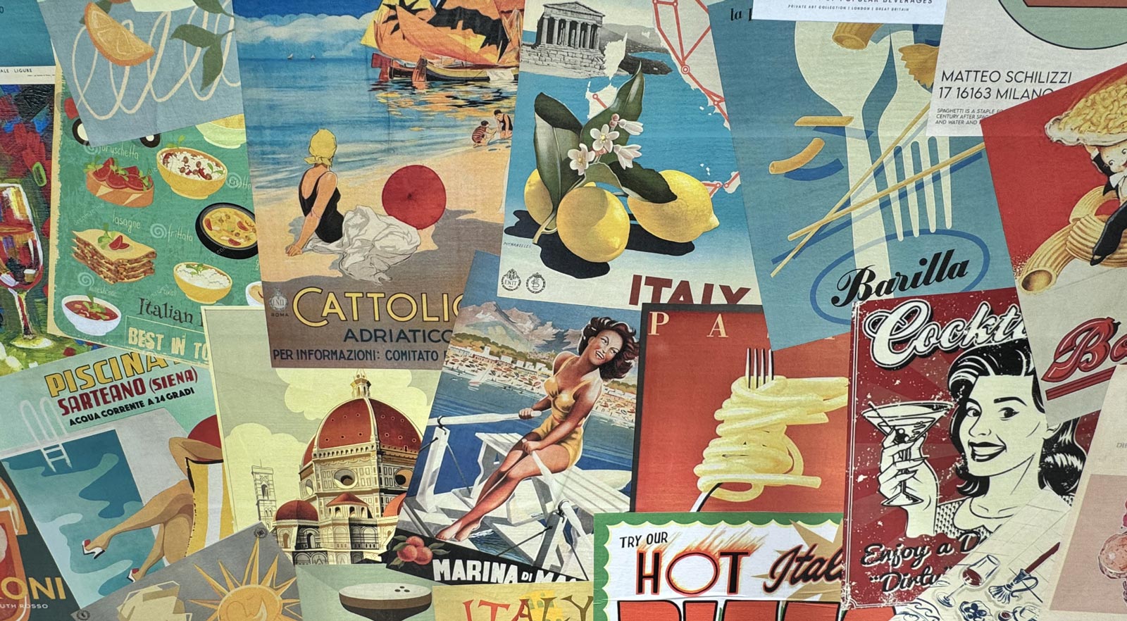 Vintage Italian posters on the wall at Retro Cronulla